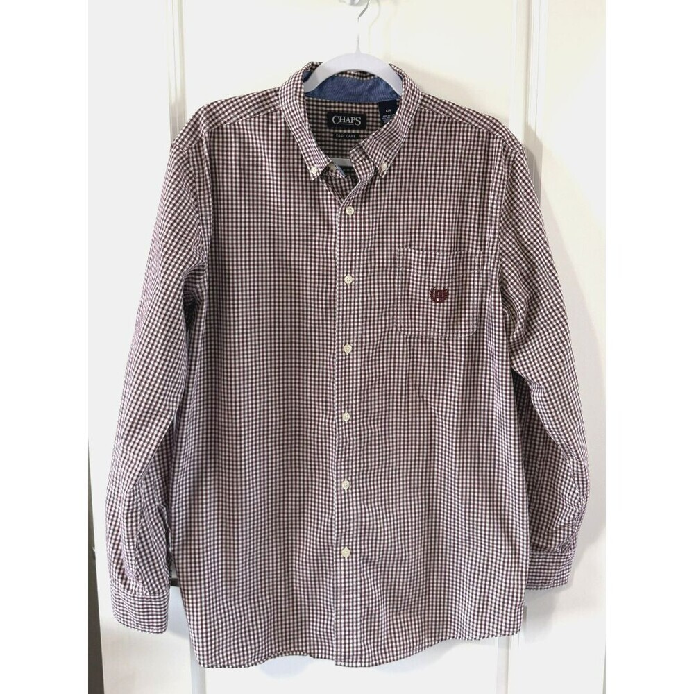 CHAPS Easy Care Maroon Gingham LG Mens L Button Up
